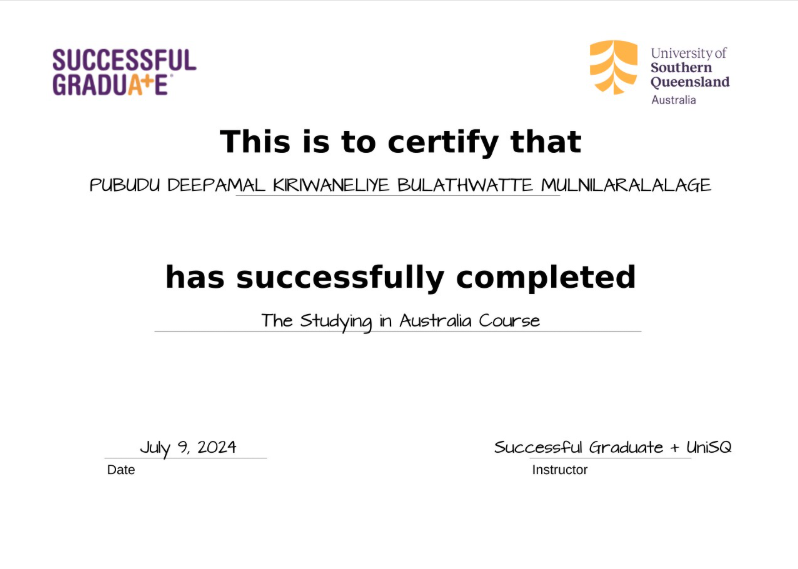 University of Southern Queensland - The Studying in Australia Course certificate
